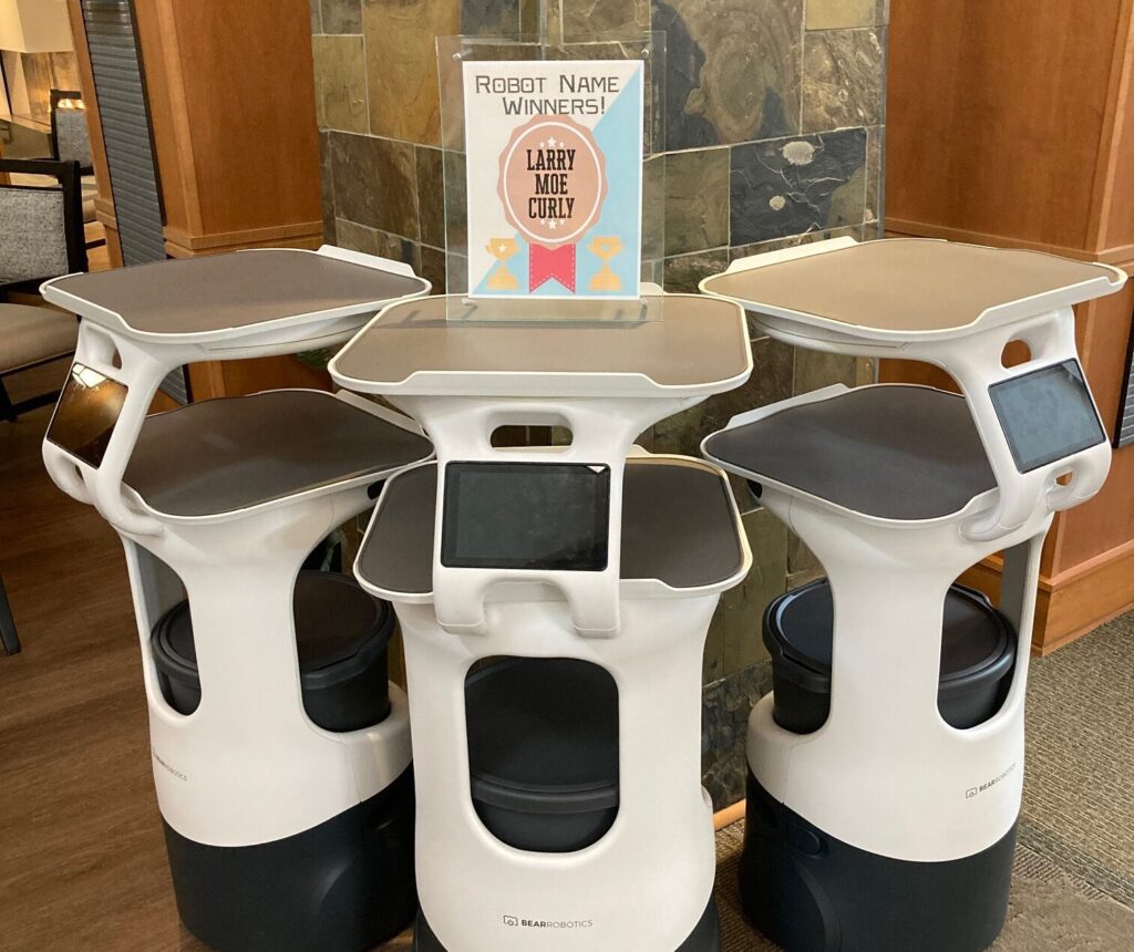 Holly Creek’s hospitality robots Larry, Curly and Moe. Holly Creek’s hospitality robots Larry, Curly and Moe.